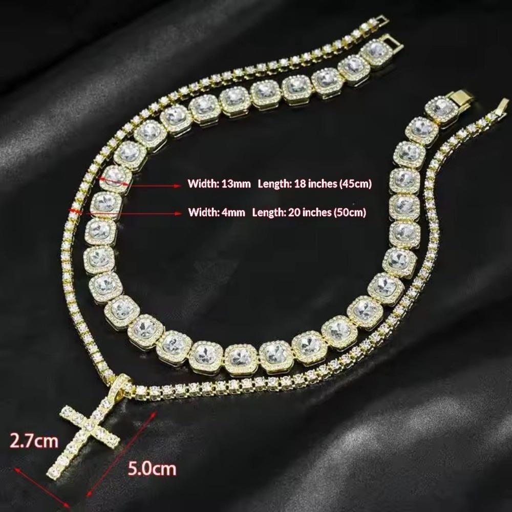 Simple Cross Pendant with Square Diamond Cuban Chain Set Mozzarella Diamond Hip-hop Style Necklace Stacked with Diamonds