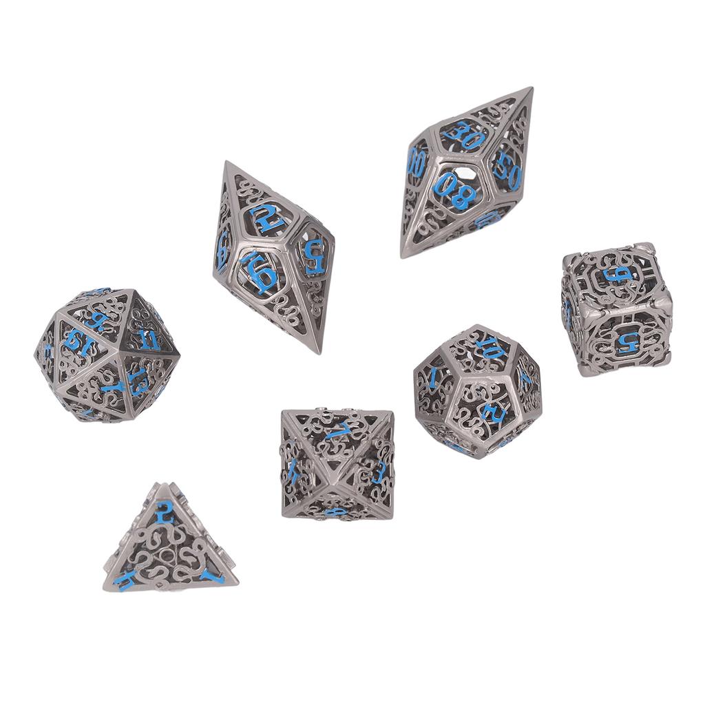 7pcs Hollow Dice Set Brass Rolling Beautiful Polyhedron Dices with Blue Numbers for Games