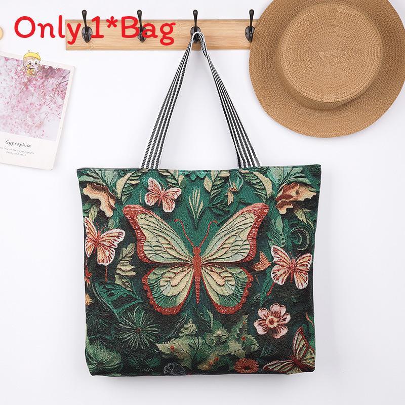 Elephant Hello Kitty Butterfly Embroidered Canvas Tote Bag With Seamed Stitching For Daily Use