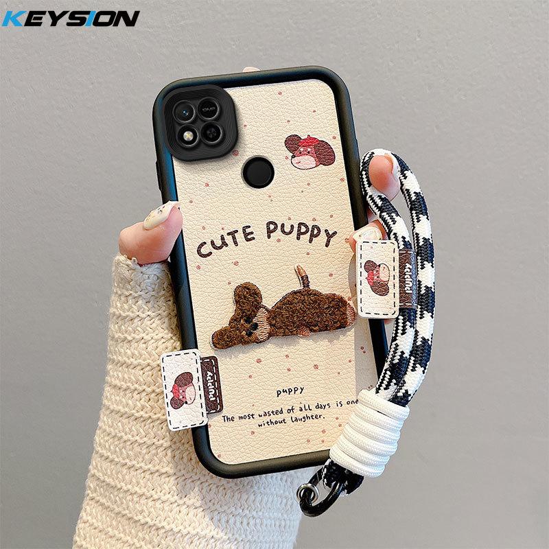 KEYSION Cartoon Cute Plush Embroidery Case for Redmi 10A 9A 9C with Lanyard Silicone Shockproof Phone Cover for Xiaomi Redmi 9C 10A 9A