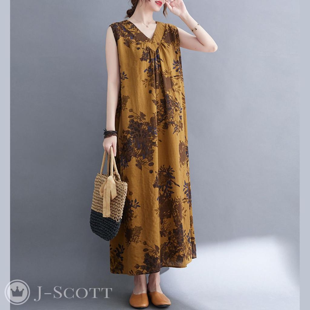 J-Scott Long Dress, Floral Print, A-Line Silhouette, 2-Way, Loose Fit, Brown, JS07-BR-2XL (Limited Stock)
