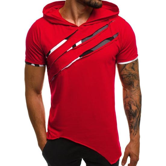 Men Causal Short Sleeve Ripped Irregular Hem Slim Blouse T-shirt Fitness Hoodie