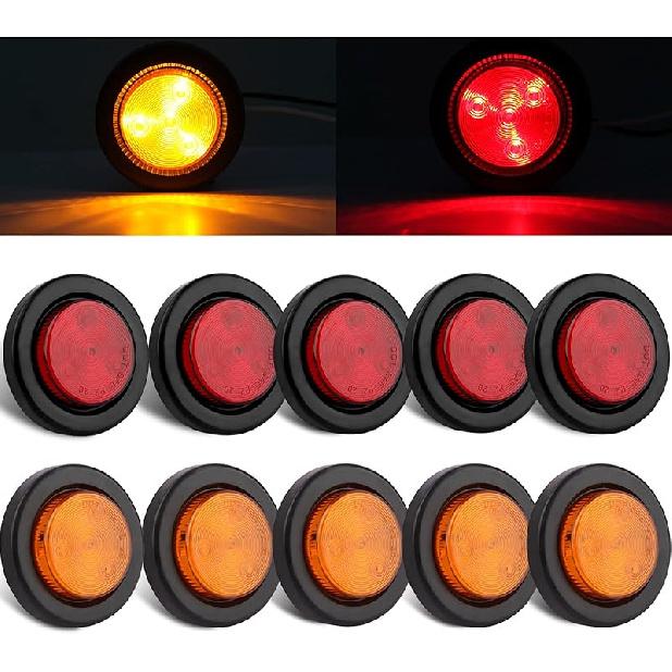 10Pcs 2 Inch Round LED Side Marker Clearance Lights For Trailers, 5 Amber And 5 Red Sealed 2 Round LED Trailer Marker Lights 4 LEDs W/Rubber Grommet