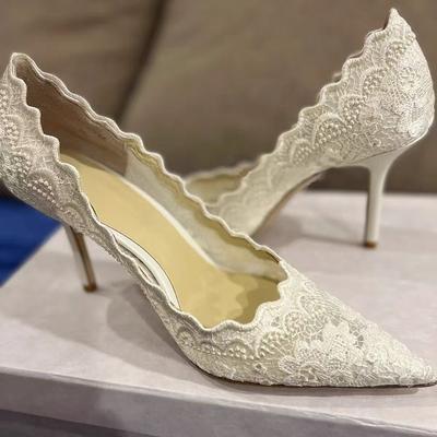 Spring and Autumn Lace White Single Shoes Wedding Bridal Shoes Women's Pointed Thin Heel Hollow Embroidery Mesh High Heels