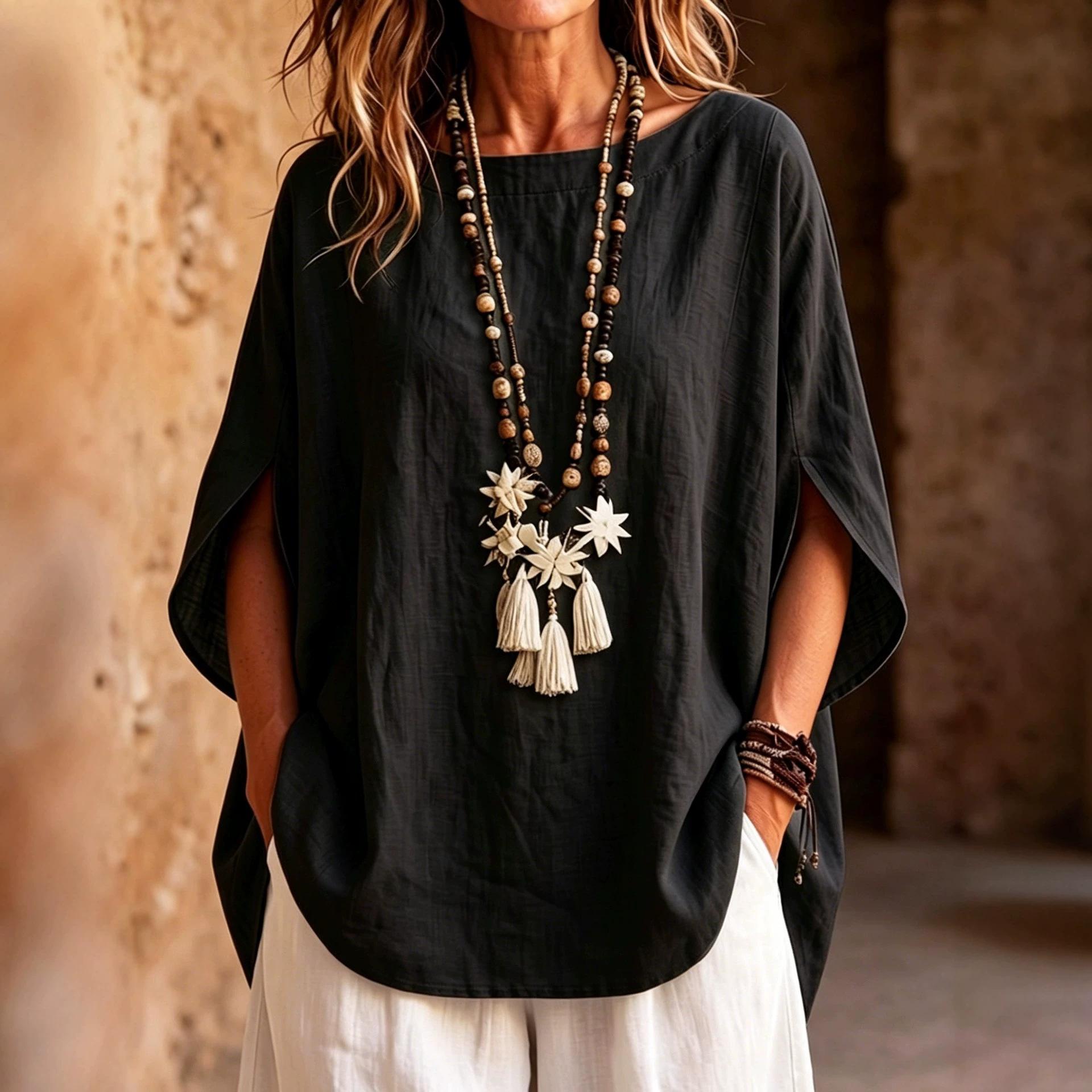 Women Irregular Solid Color Round Neck Loose Casual Blouse S чёрный