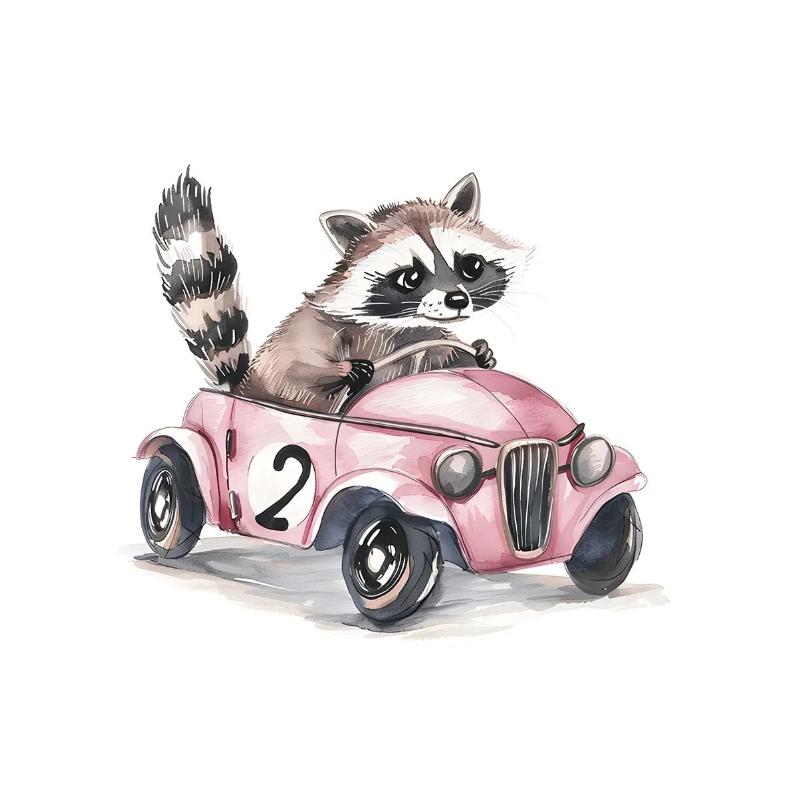 Watercolor Raccoon Rabbit Bear Animal Car Nursery Wall Art Canvas Painting Nordic Posters Prints Wall Pictures Kids Room Decor