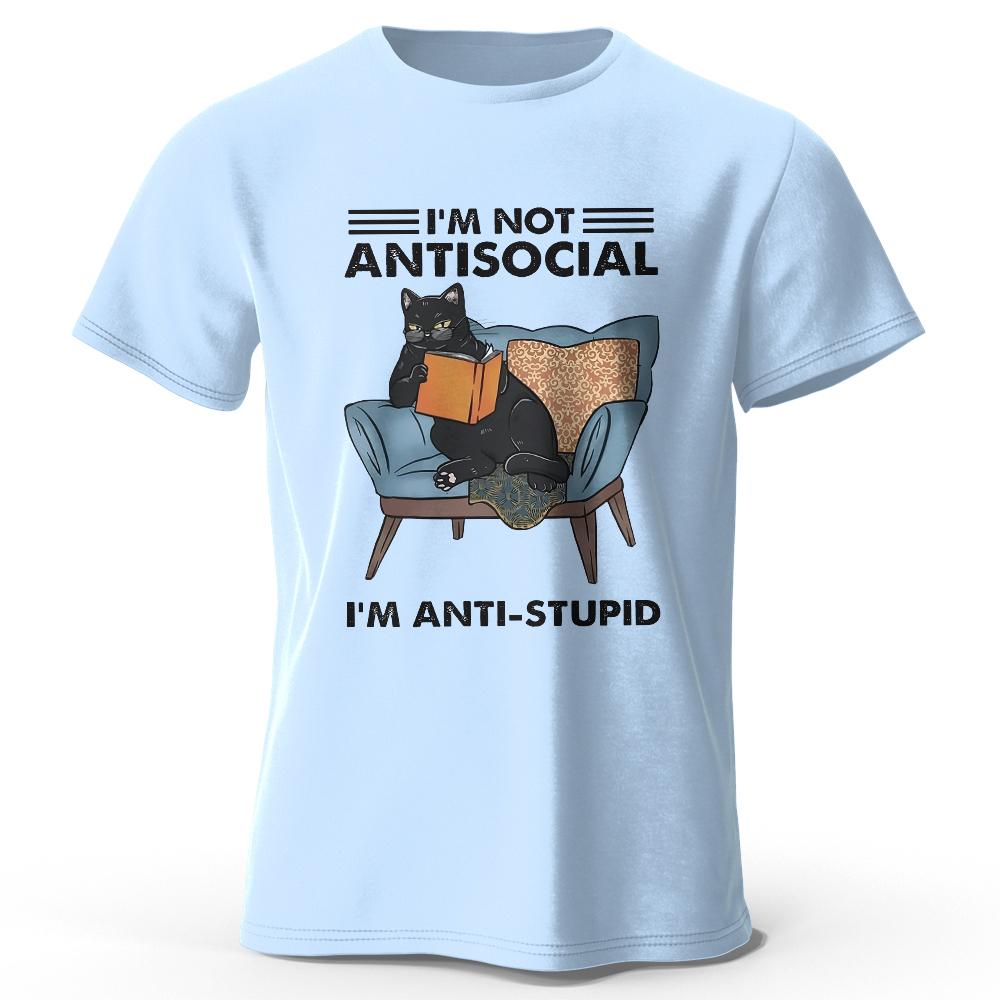 Men's I Am Not Anti Social Printed T-Shirt 100% Cotton Oversized Funny Cat Graphic Tees for Men Women Summer Tops