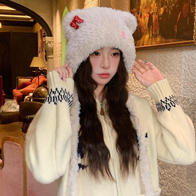 Cute Button Bear Ear Plush Knitted Hat for Women Warm and Ear Protecting Woolen Hat and Headscarf for Autumn and Winter