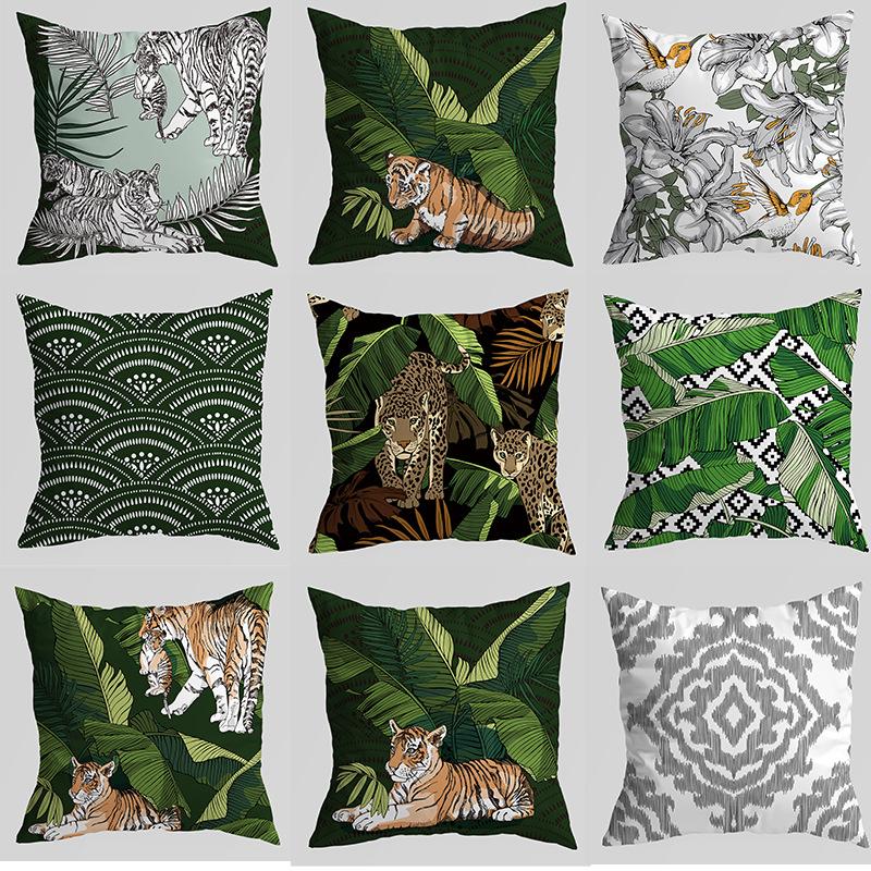 New Green Plant Tiger Pillowcase American Geometric Peach Leather Velvet Printed Home Pillow Sofa Bedside Cushion Cover