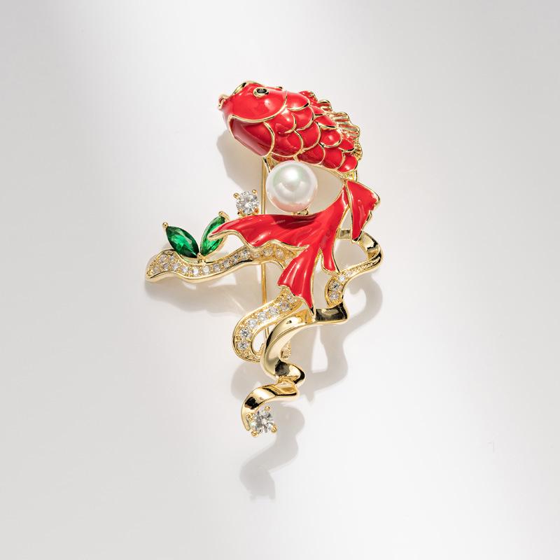 Bo Xin Yun Chinese Pearl Red Carp Brooch - Yearly Prosperity New Year Corsage Gift
