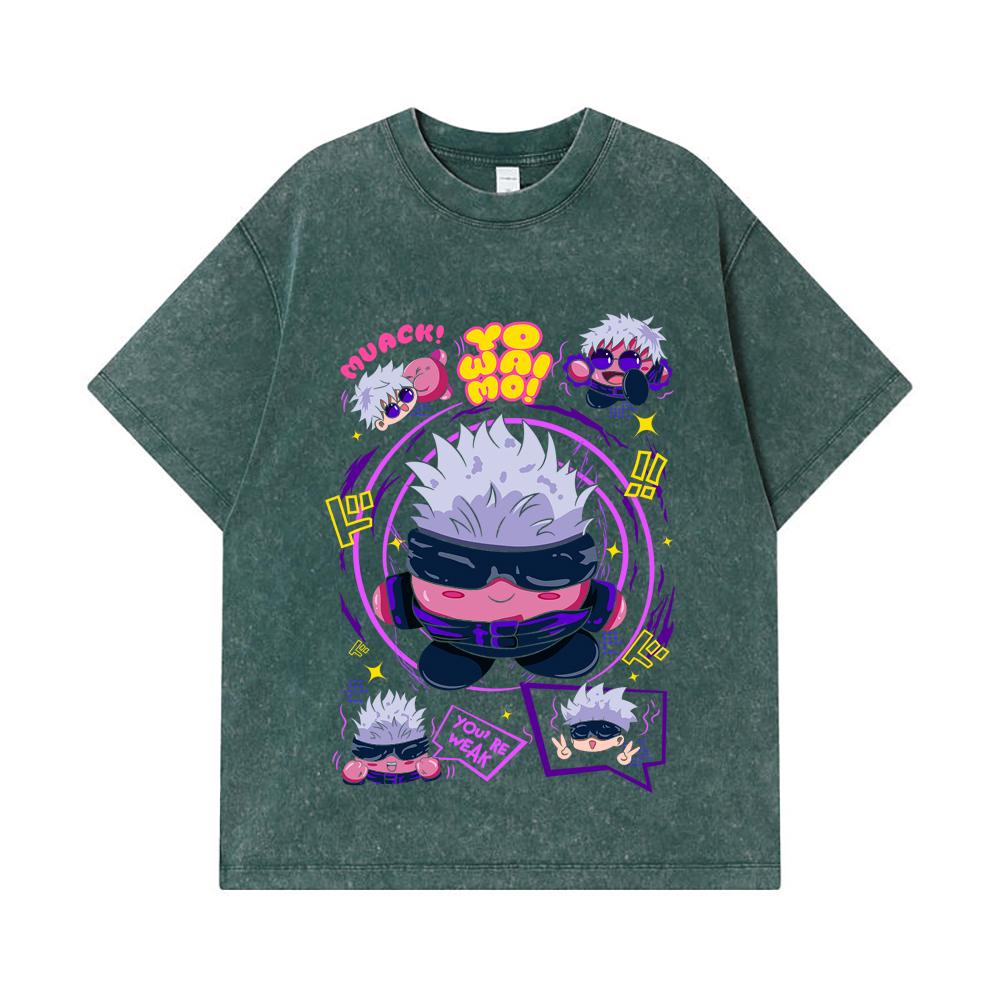 275 GSM Washed T-shirts 100% Cotton Jujutsu Kaisen V41 Kirby Gojo Print Unisex Heavy Cotton T Shirt