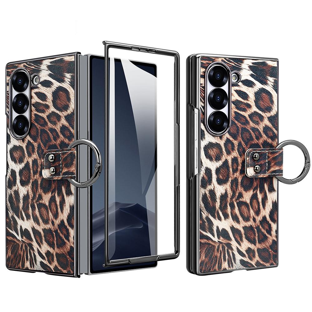 For Samsung Galaxy Z Fold6 5G Case Leopard Pattern PU PC Phone Cover with Tempered Glass Film/Ring Holder