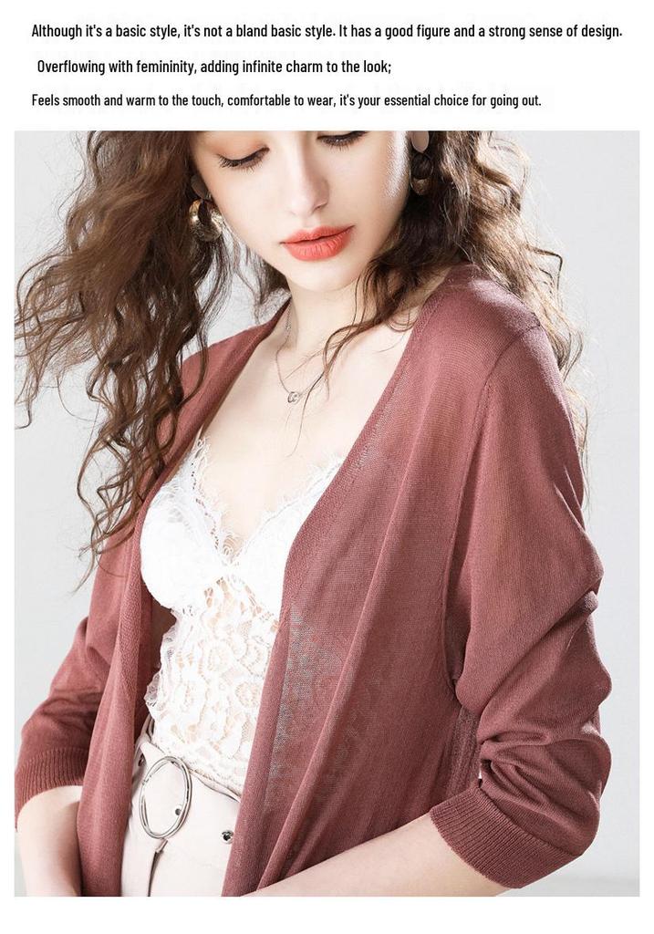 Women's Long Sleeve Summer Linen Knit Cardigan Dress – Thin Ice Silk Sun Protection with Hollow Out Design