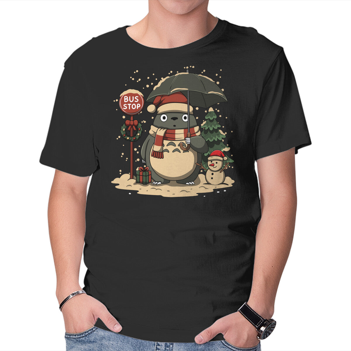 Unisex Crew Neck T-Shirt Totoro Winter Bus Stop Graphic Short Sleeve Casual Tee XXL