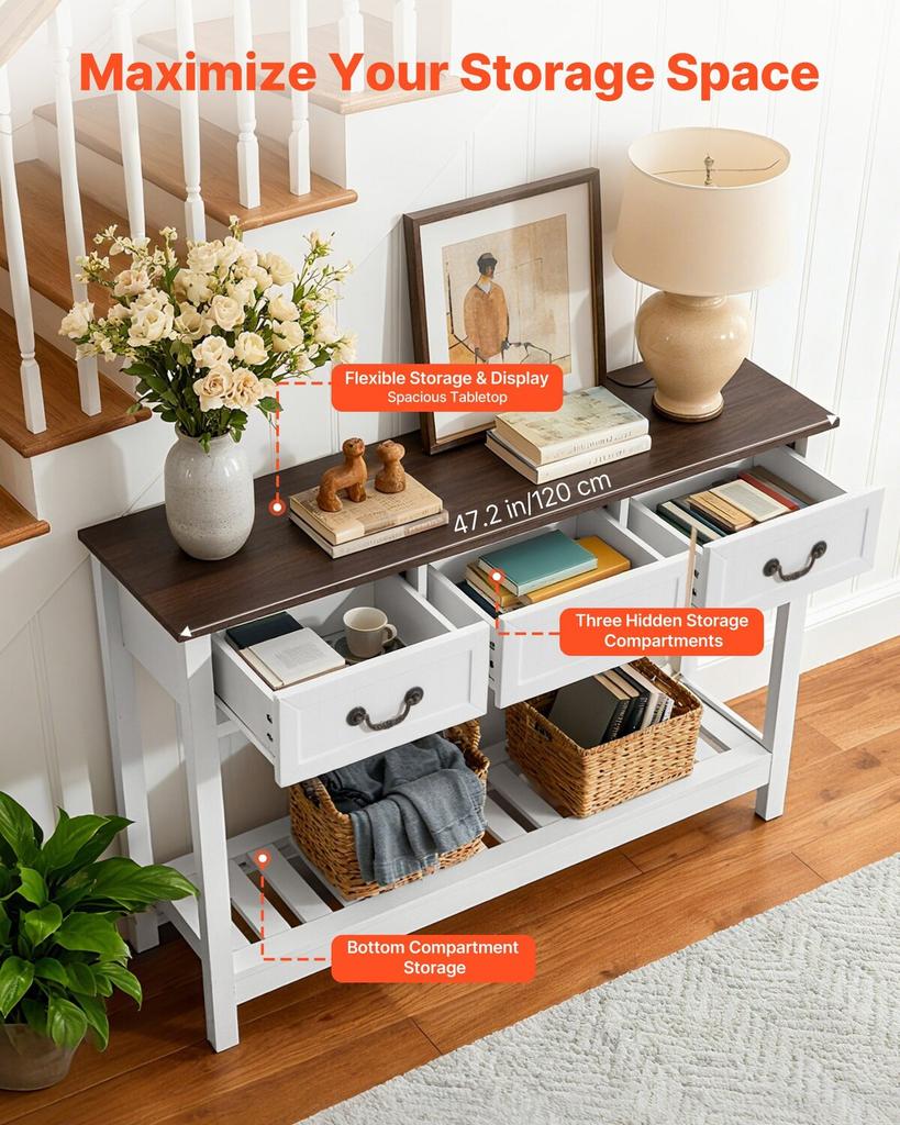120 Cm Console Table, Farmhouse Desk Behind the Couch with Drawers and Bottom Storage Shelf, Wooden Rectangle Entrance Narrow Sofa Table for Hallway,
