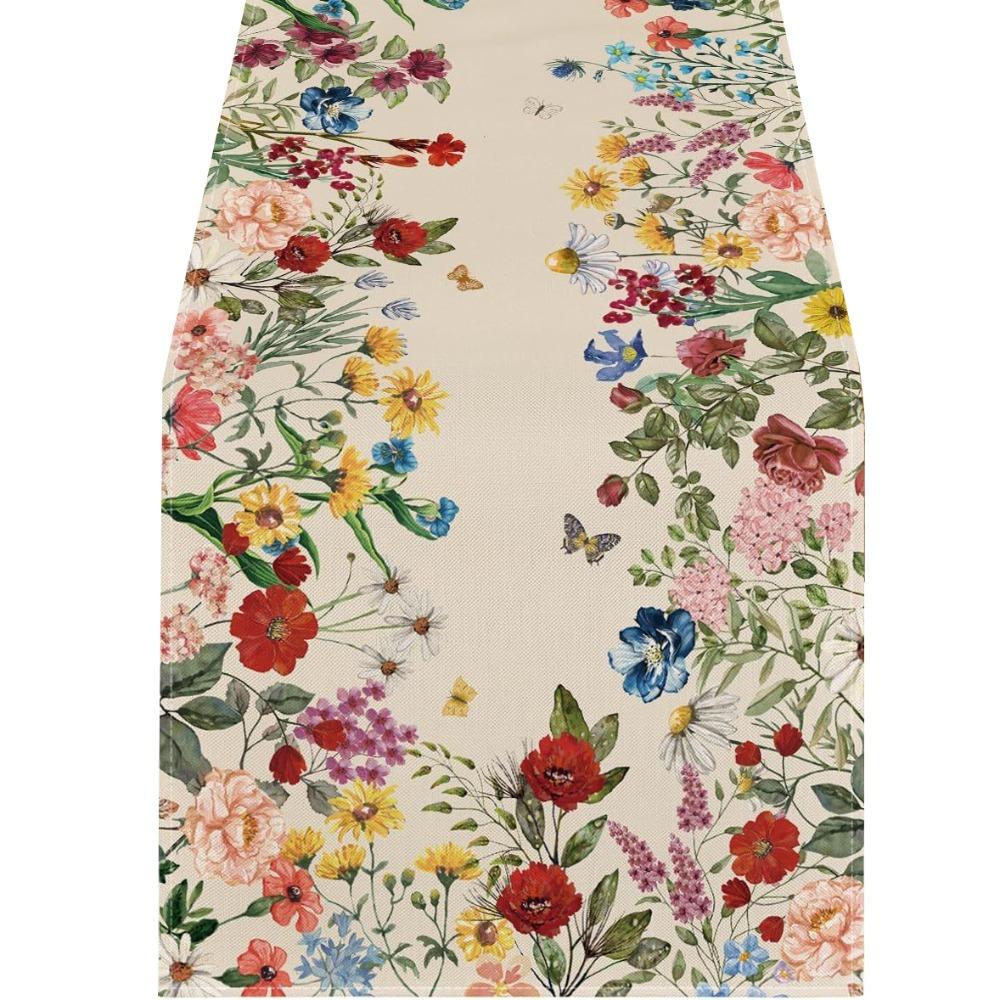 Fialový levandulový lněný běhoun na stůl Květinový tištěný ubrus Kryt na stůl Den svatého Valentýna