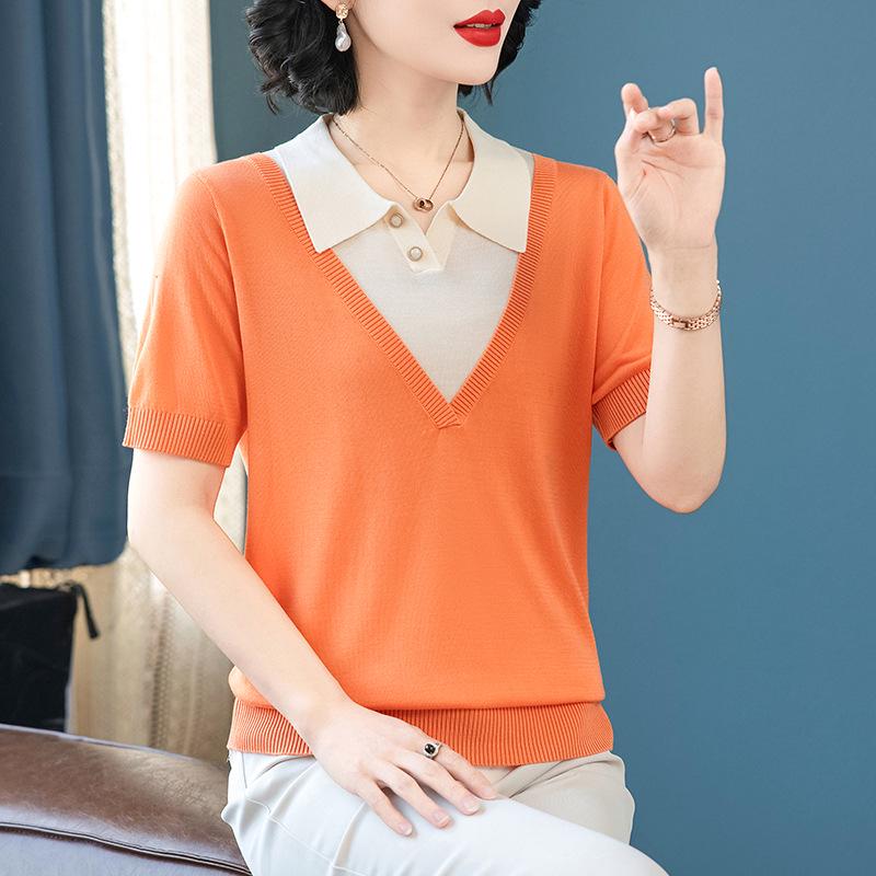 

Stylish Summer Short-Sleeve Faux Two-Piece T-shirt & Cardigan Set for Moms, Elegant Lapel Top for Middle-Aged and Elderly Women 2XL (110-120 lbs recommended) помаранчевий