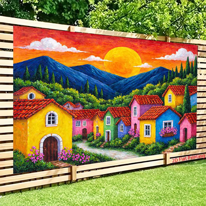 2D Whimsical Sunset Village Photography Backdrop