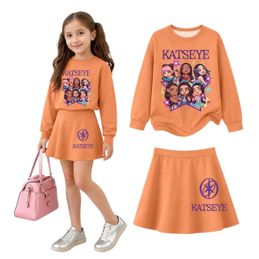 Girls' Long Sleeve Neck Top and Skirt 2 Piece Casual Outfit Set for Everyday Wear
