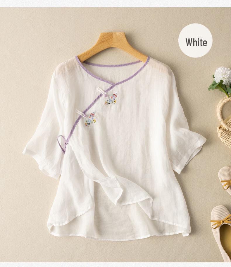 Damen 2024 Sommer Locker Geschnittenes Baumwollleinen Besticktes Hemd mit Schrägkragen, Kurzen Ärmeln und Nationalem Stil
