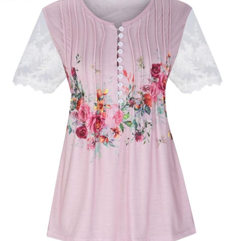 Sommer Neue Blumendruck Beiläufige Lose Blusen Frauen Mode Elegante Vintage Rüschen Spitze Kurzarm Shirts für Frauen Rundhals Slim Fit tops 26515