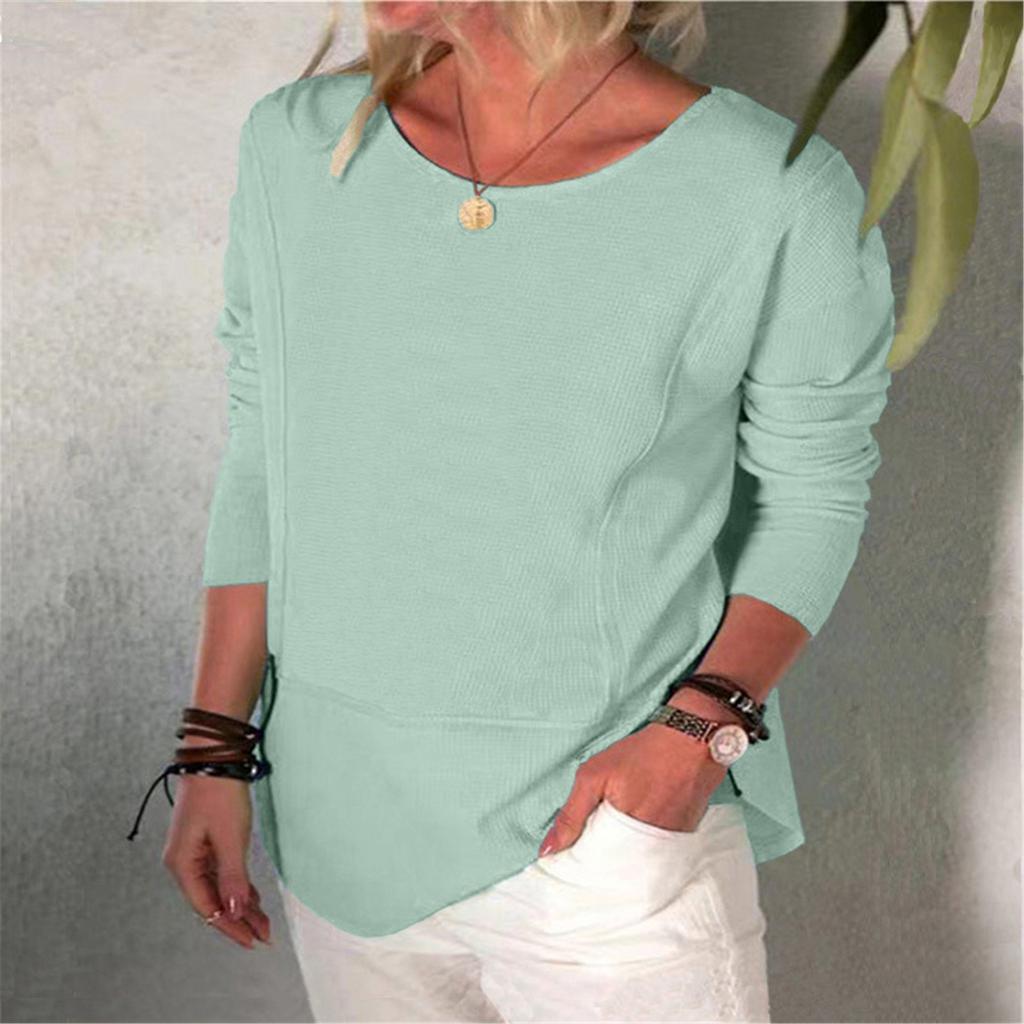 Fashion Women's Casual Solid Color Round Neck Long Sleeve Loose T Shirt Tops