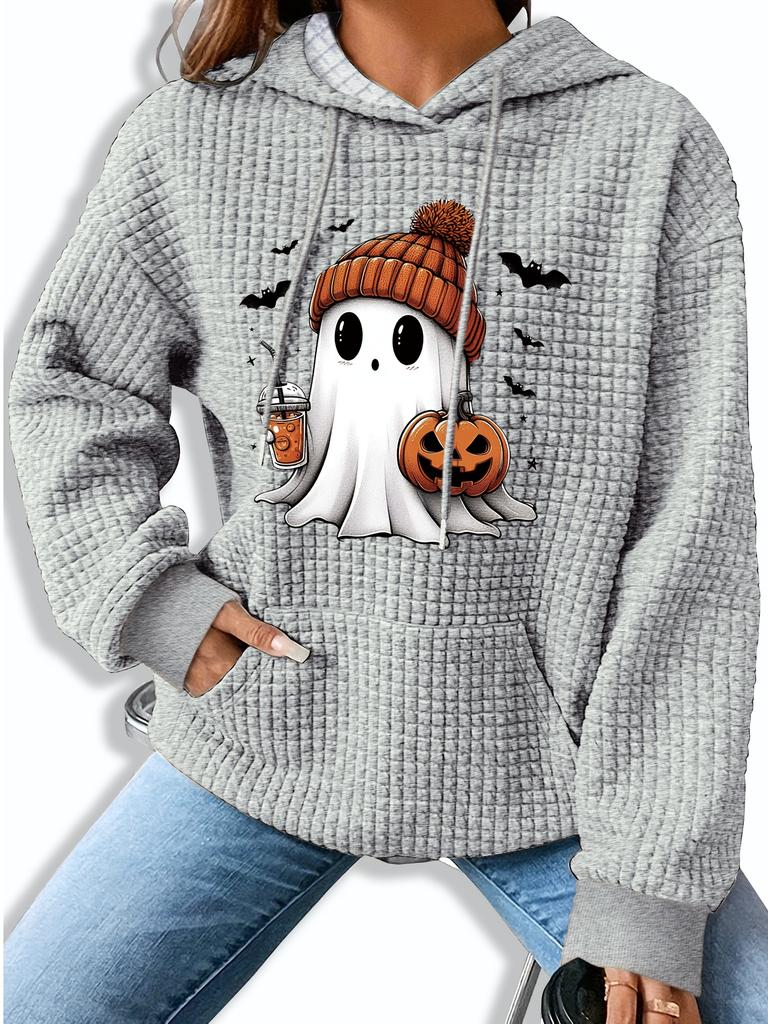 Women'S Halloween Ghost & Pumpkin Print Hoodie,Casual Knit Polyester Sweatshirt with Kangaroo Pocket,Long Sleeve Drawstring Hooded Top for Fall/Winter