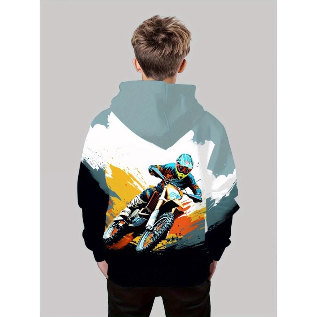 Boys' Motorcycle Hoodie, Ideal Gift for Young Riders, Dynamic Print Design, Sports Enthusiasts