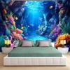 2D Deep Sea World Tapestry, Blue Ocean Cave Coral Wall Hanging for Home Decor