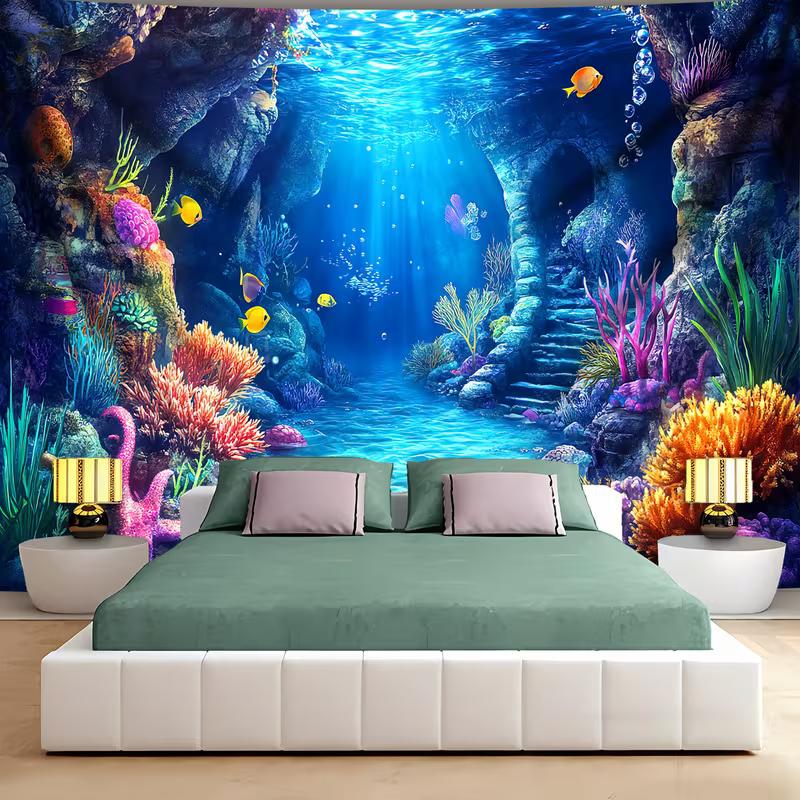 2D Deep Sea World Tapestry, Blue Ocean Cave Coral Wall Hanging for Home Decor