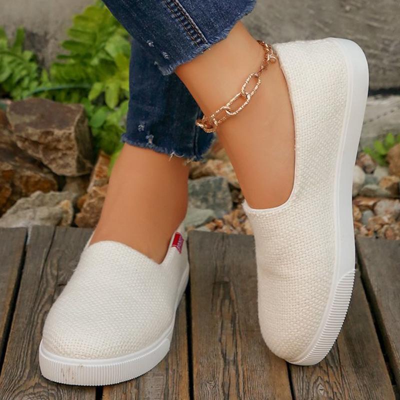 Fashion Beige Breathable Knit Flats Shoes Women Spring Autumn Slip On Shallow Casual Shoes Woman Plus Size Lightweight Flat Shoes Mujer