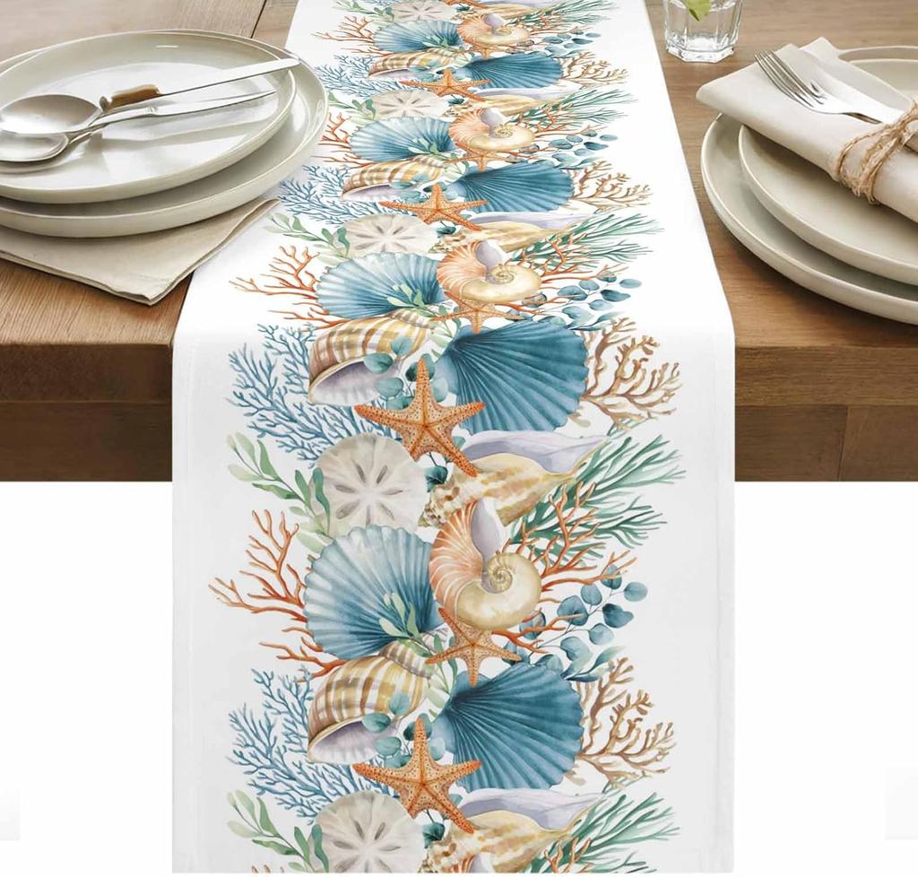 Summer Shell Starfish Coral Marine Life Linen Table Runner Party Decor Reusable Kitchen Dining Table Runner Wedding Decorations