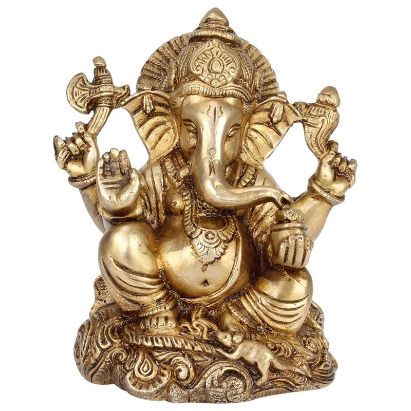 Original Brass Ganesh Bhagwan Idol, Ganesha Ganpati Bappa Murti, Gold - 6 Inch