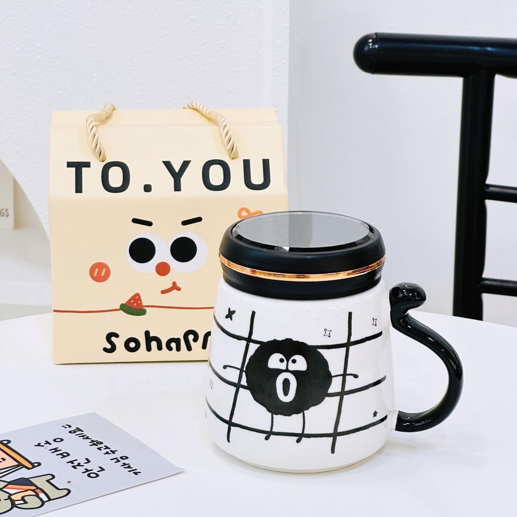 Personalized Mirror Cup with Lid Cartoon Monster Ceramic Mug Dustproof Gift Box Water Cup Home Set Office