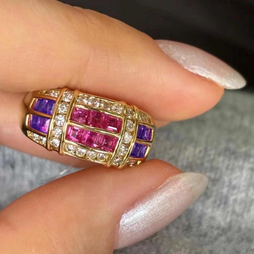 Vintage Open Ring Classic Two Tone Jewelry with Red Ruby and Purple Diamond for Women