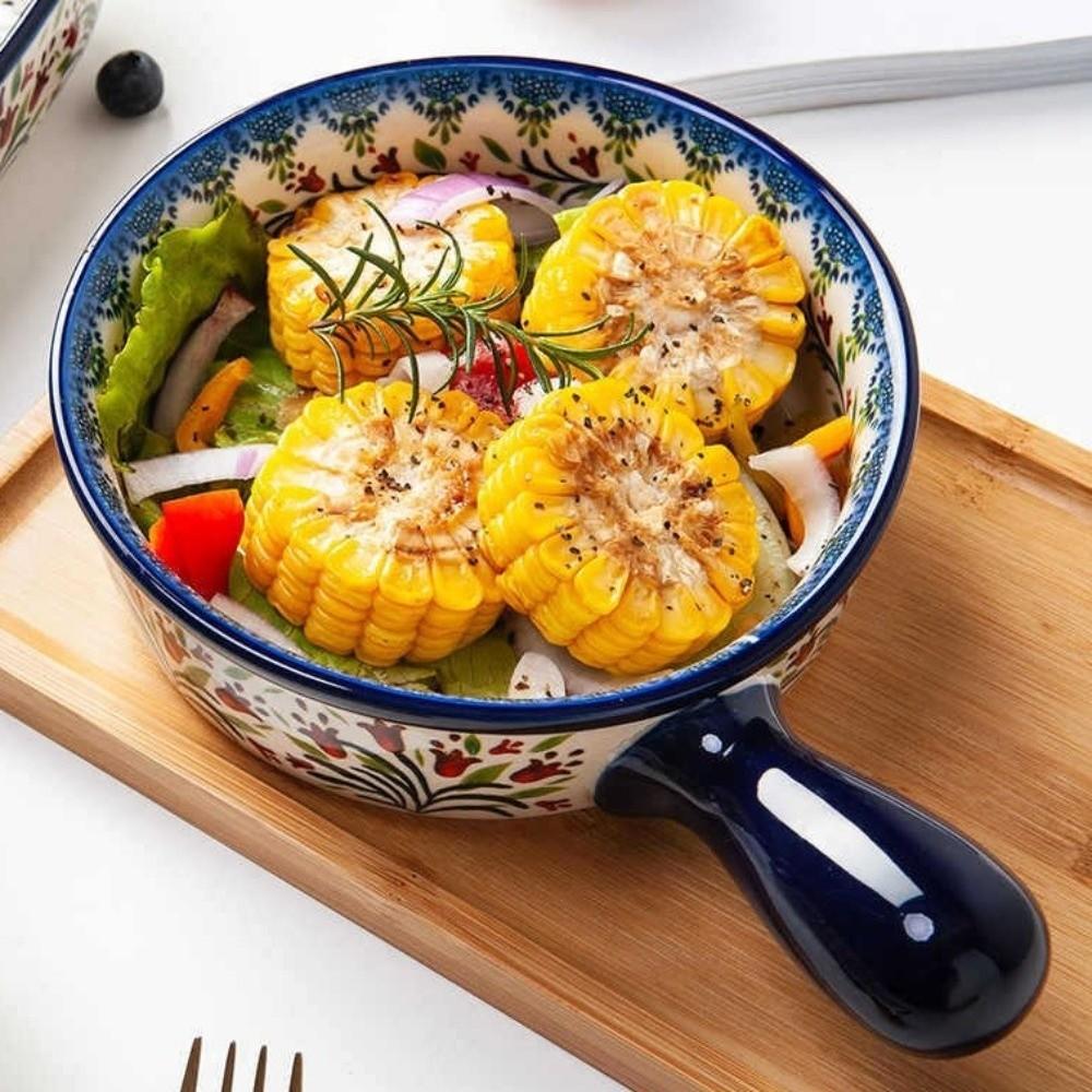 Plat de cuisson rectangulaire en céramique à double oreille Polyvalent Bol à salade de fruits Motif floral Avec poignées Plaque de cuisson Micro-ondes