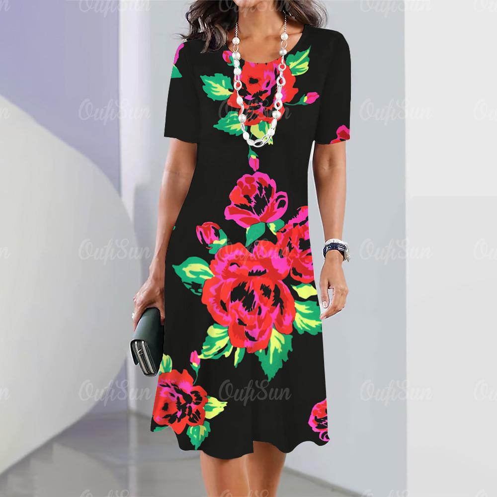 Summer Women's Short-sleeved Pullover Casual Loose Dress 3d Floral Print O-neck Fashion Women's Clothing