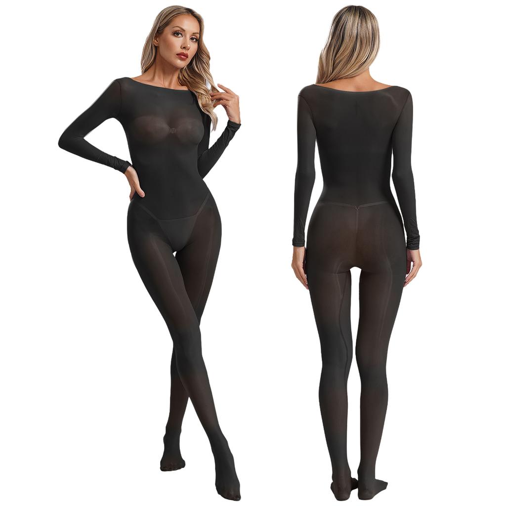 Womens See Through Elastic Footed Bodysuit Long Sleeve Silky Jumpsuit