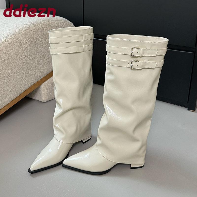 Fashion Fashion Buckle Women Knee High Boots With Heels Footwear Female Pointed Toe Party Modern Ladies Long Boots Shoes Pumps