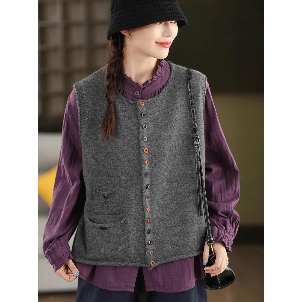 Dimanaf 2025 Autumn Women Sleeveless Buttons Vest Sweaters Style Loose Knitting Casual Sweater
