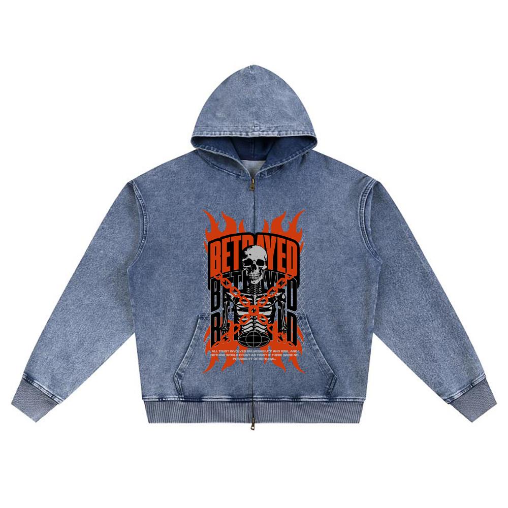 DTG print Knitted Denim Zip-Up Hoodie Betrayed(001) Brother Print Zipper Hoodies  