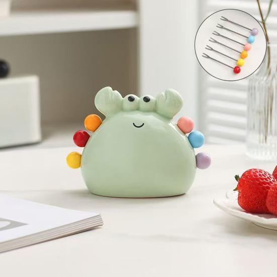 Fruit Fork Set with Ceramic Crab Storage Jar Stainless Steel Dessert Salad Forks Cartoon Mini Food Picks for Home Cafe Restaurant Table Decoration