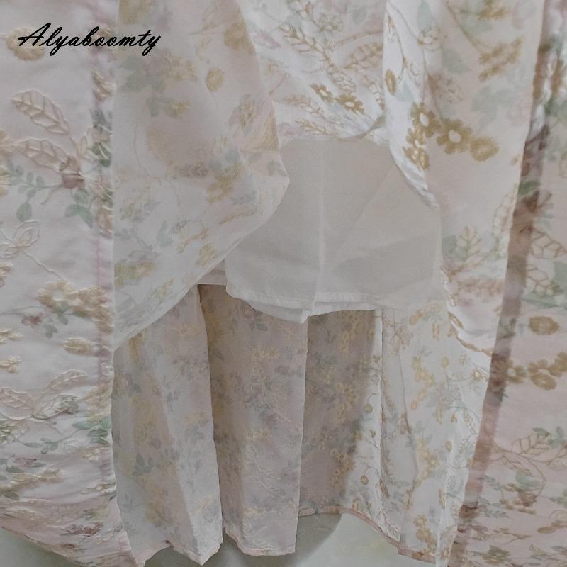 Japanese Mori Girl Spring Summer Women Pink Skirt Elastic Waist Floral Embroidery Sweet Skirt Vintage Delicate Cotton Skirts Womens