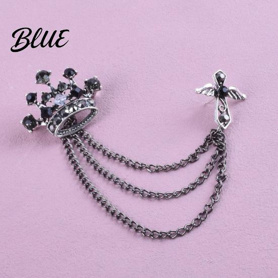 Dark Light Zircon Brooch Men's Pin with Chain British Crown