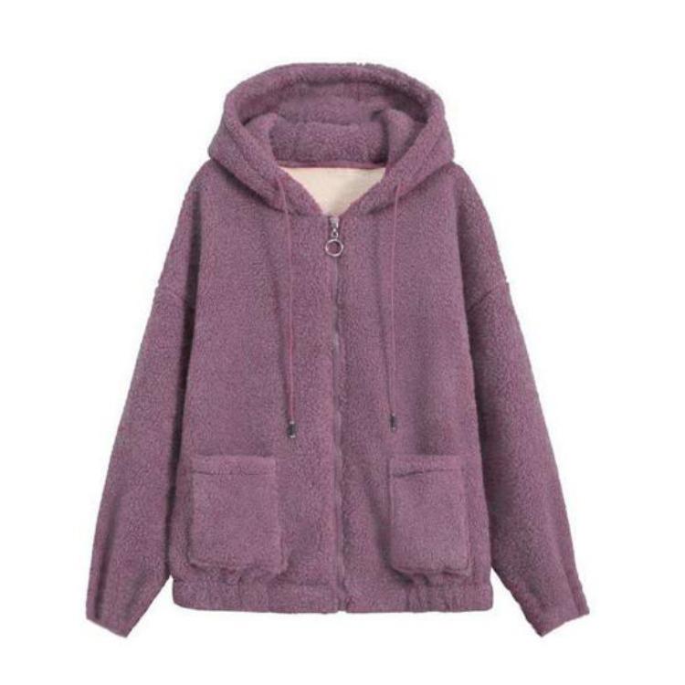 Winter Warm Plush Zipper Cardigan Jacket Women Coat Thick Solid Color Pockets Long Sleeves Loose Outdoor