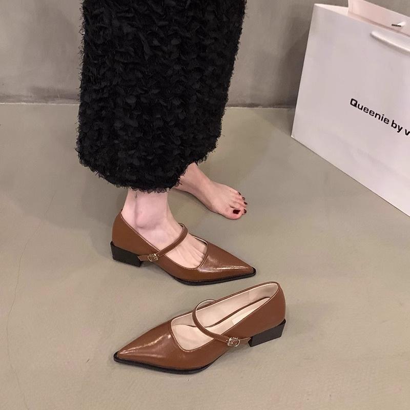 High heels women's thick heel medium heel pointed single shoes new spring one-word buckle Mary Jane small leather shoes