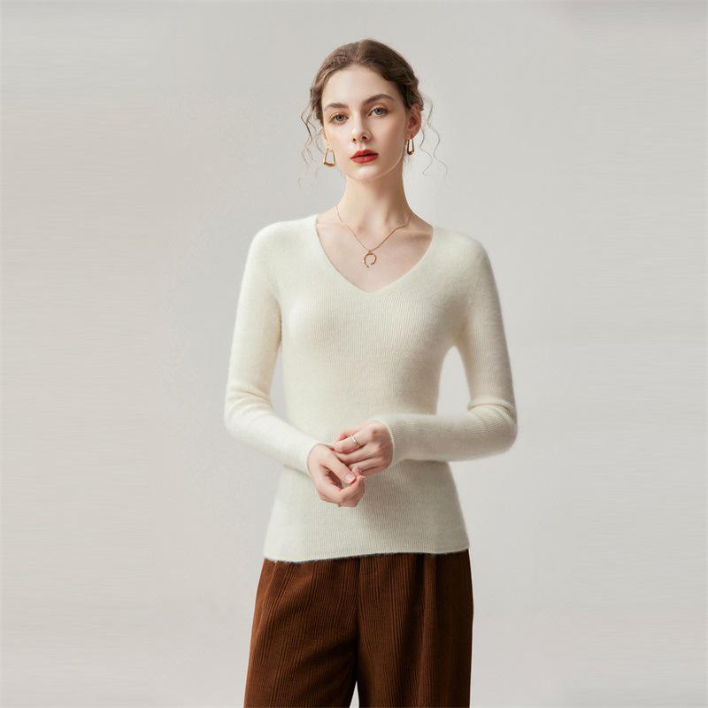 Women's 100% Cashmere Striped V-Neck Slim-Fit Sweater