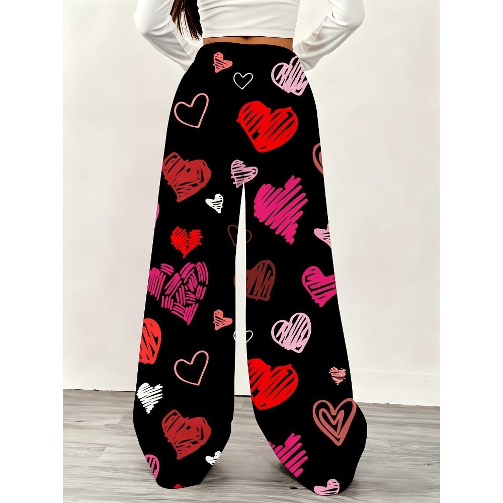 Women's Valentine's Day Love Pattern Fun Printed Wide Leg Pants | Fashion Casual Commuter Trend Versatile