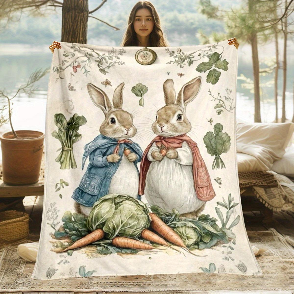 

Vintage Bunny & Vegetable Fleece Blanket, Easter-Inspired Throw Blanket, Soft Cozy for Spring Home Decor & Garden-Themed Gifting 75x90cm