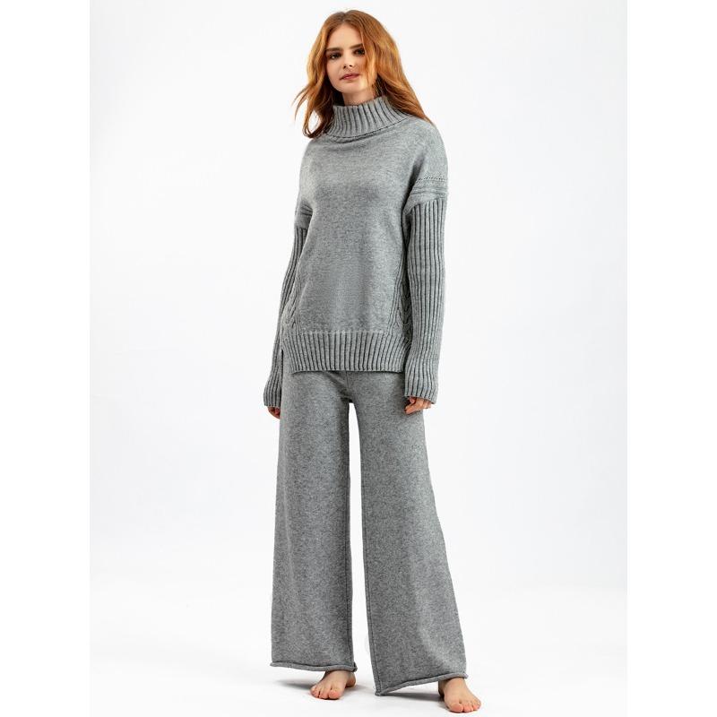 Autumn and Winter New Sweater 2piece Set for Women Lazy Style Loose High-neck Suit for Women Fashionable Casual Wide-leg Pants